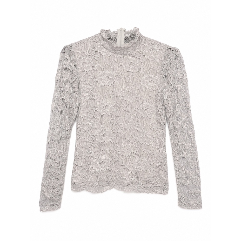 Coldwater Creek Silver Grey Floral Lace Mock Neck Top Long Sleeve M00511 Small